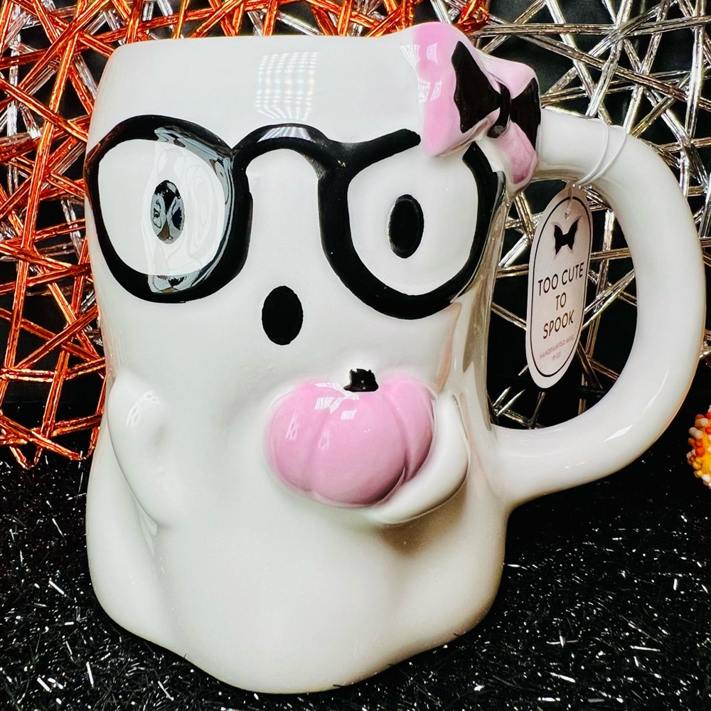 Halloween Ceramic White Ghost Mug Pink Hair Bow Black Glasses Pink Pumpkin
